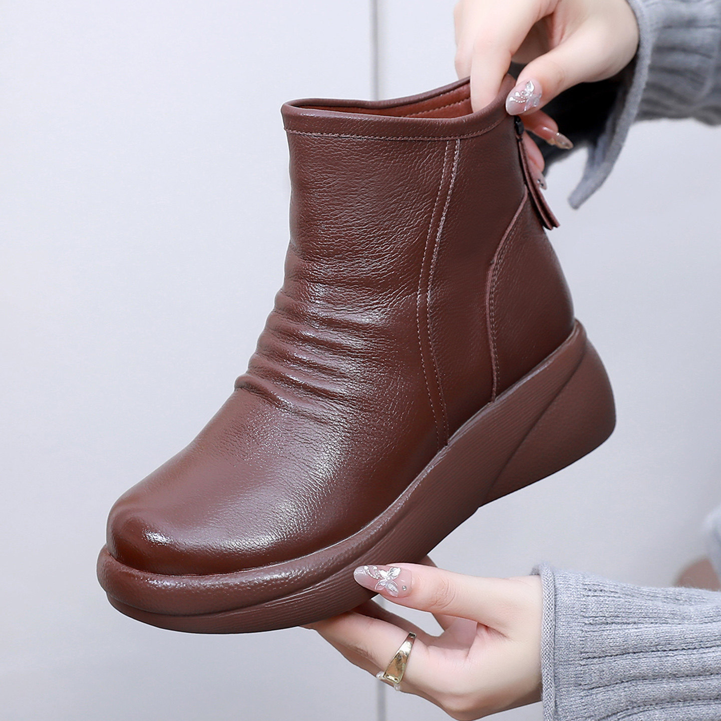 冬季松糕厚底短靴又羊毛棉鞋加绒保暖妈妈鞋真皮头层牛皮东北女鞋