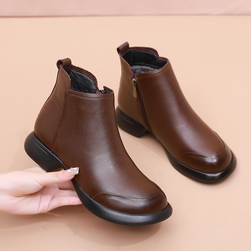 牛皮平底短靴女真皮软底妈妈棉鞋