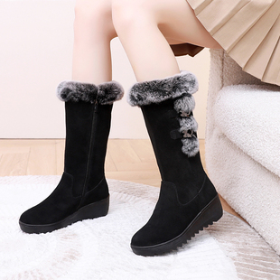 2025款 加绒保暖棉靴坡跟真皮中筒靴子 磨砂牛皮加厚底雪地靴女冬季