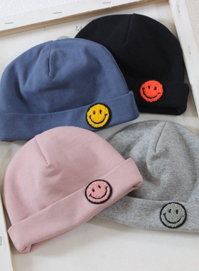 秋冬笑脸刺绣新生儿男女宝宝儿童纯棉胎帽双层保暖套头潮帽子包邮