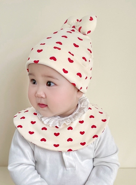 [原创]暗红色小心心新生儿女宝纯棉婴幼儿初生围脖蝴蝶结套头胎帽