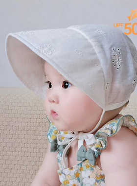 春夏婴儿薄款单层防晒镂空男女宝宝遮阳大帽檐纯棉白色帽子包邮