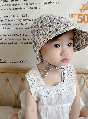 春夏婴儿薄款单层防晒镂空男女宝宝遮阳大帽檐纯棉紫色碎花帽子