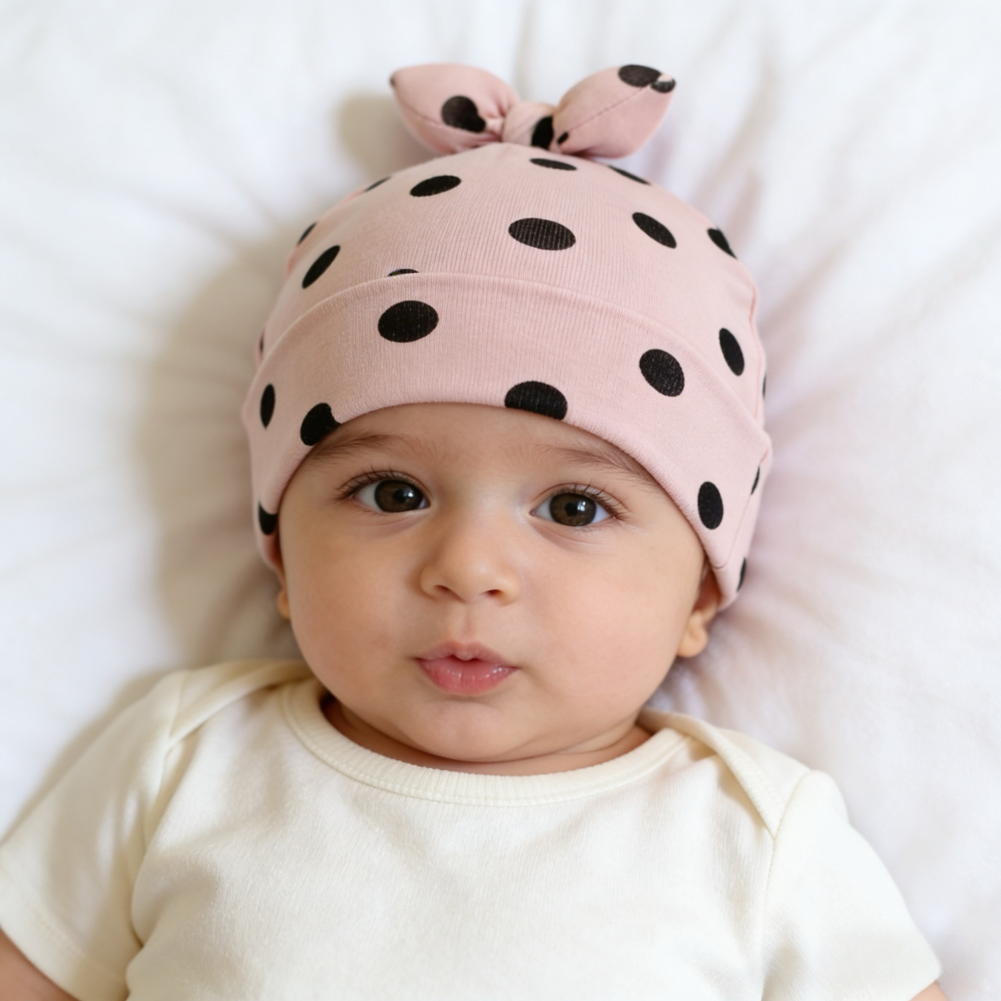 春夏薄款宝宝儿童中性透气纯棉女童波点新生儿套头胎帽蝴蝶结帽