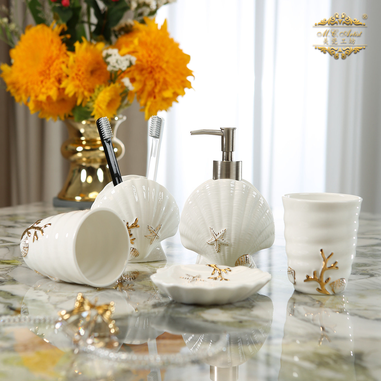 美瓷工坊陶瓷卫浴五件套装洗漱用品牙刷架漱口杯乔迁新居结婚礼物