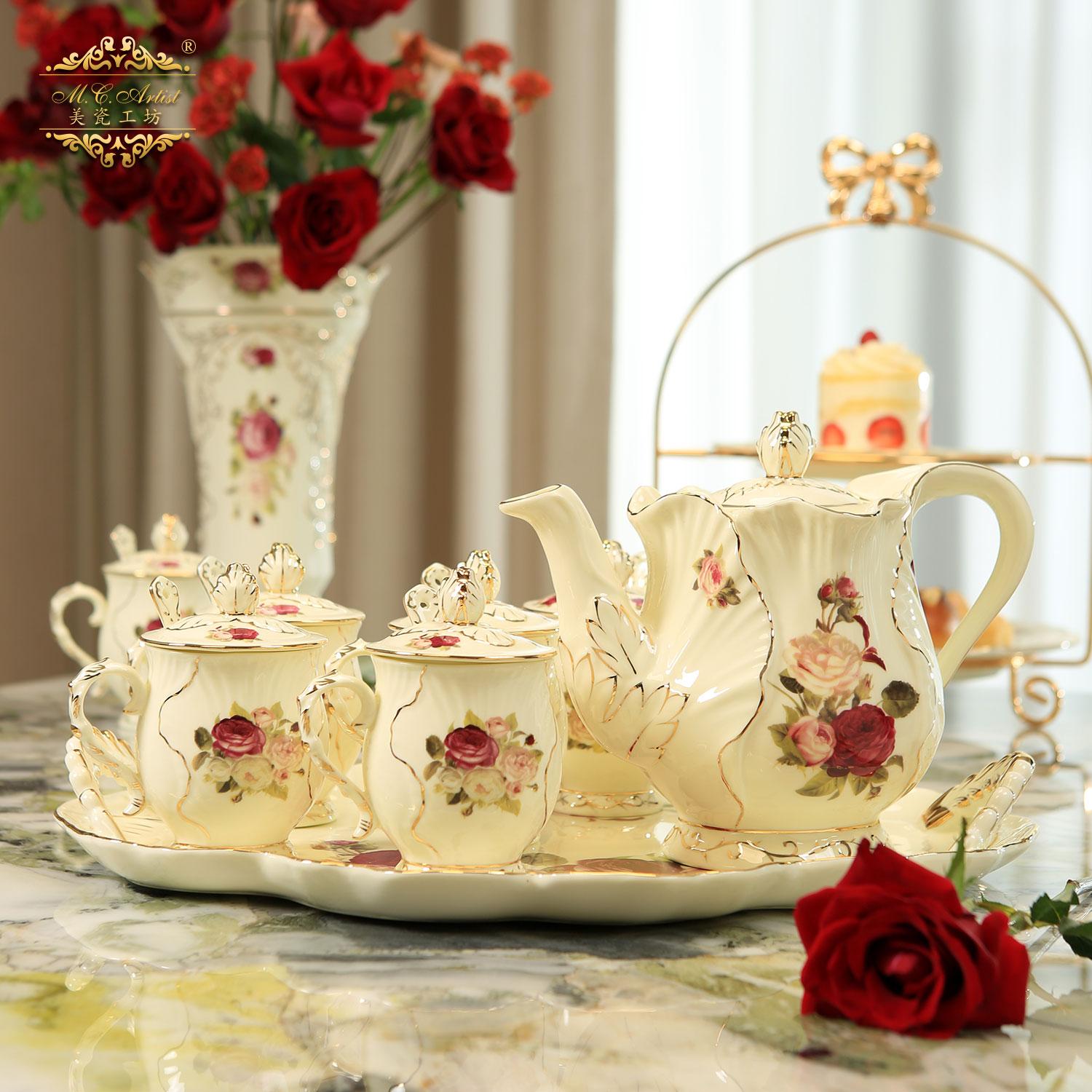 美瓷工坊欧式陶瓷水具咖啡具套装下午茶具水杯配盖勺家用瓷器2079