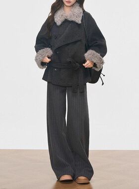 新品 WESTAYONE毛领加厚毛呢大衣外套女士小个子高级