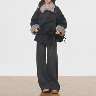 新品 WESTAYONE毛领加厚毛呢大衣外套女士小个子高级