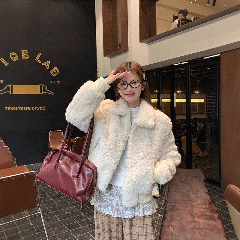 实拍！韩系翻领高级感羊羔毛夹棉加厚外套显瘦百搭小个子夹克女