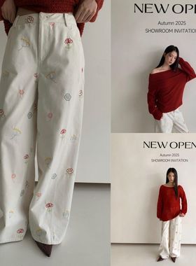 诠释美 NEWOPEN 25秋甜美可爱减龄绣花白色直筒宽松牛仔裤女F6208