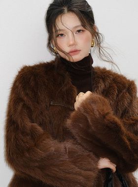 FONE简禾高级感气质牛角扣毛绒绒保暖环保皮草外套女冬新款