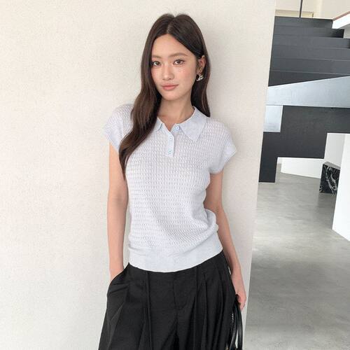 FONE简禾温柔风POLO领短袖针织衫女夏季薄款透气理肌感上衣