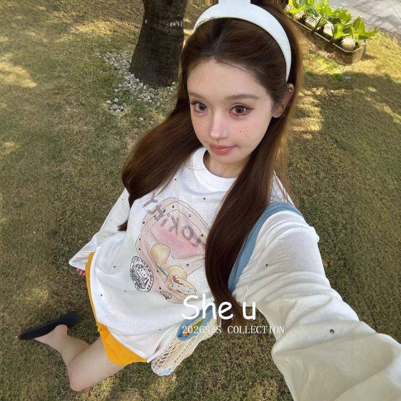 SHE U十三行韩系休闲风凯蒂猫烫钻长袖女2026春季新款百搭宽松T恤