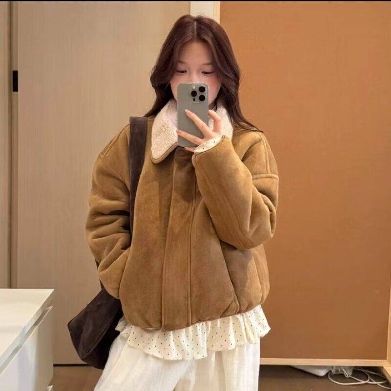 2025冬季新款韩系羊羔毛翻领短外套女装宽松显瘦保暖美拉德风夹克