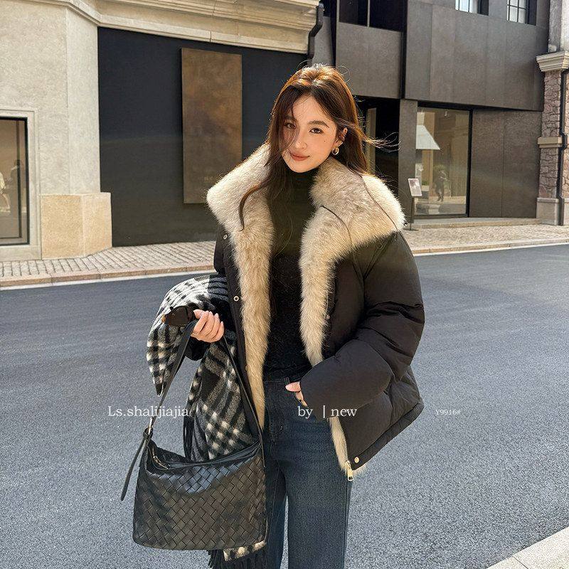 LS冬新款高品质短款白鸭绒可拆卸毛领羽绒服外套女上衣