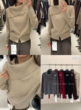 FONE简禾时髦保暖羊毛毛衣女冬新款气质不规则大翻领针织衫