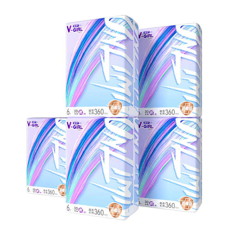 洁伶v-girl未可v3小浮芯超长夜用卫生巾360mm组合5包共30片姨妈巾