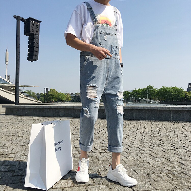 破洞九分牛仔背带裤男女吊带连体裤BD16-P65新增3XL,男装牛仔裤,星座712