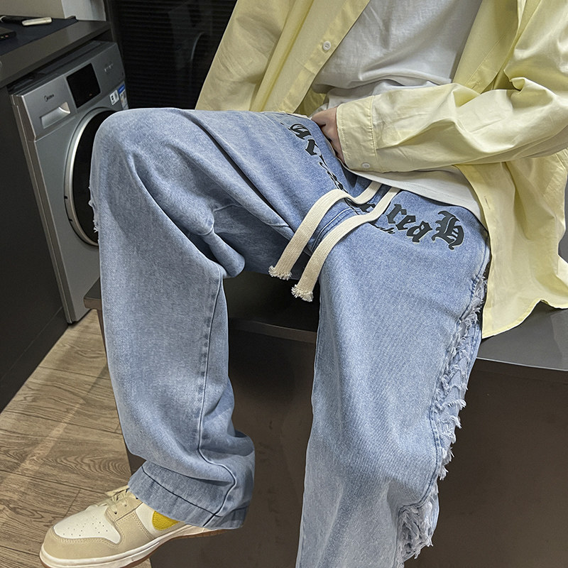欧美高街复古刺绣牛仔裤男潮牌直筒宽松潮流坠感长裤n331p55,男装牛仔裤,星座712