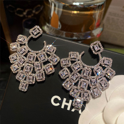 奢华法式优雅方钻扇形夸张耳环