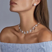 欧美时尚 高级轻奢五角星锁骨链耳钉套装 宴会礼服满钻项链耳环配饰