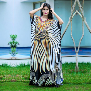 欧美性感牛奶丝大长袍太阳神条纹印花裙宽松长裙高个子连衣裙大码