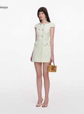 千金风小香风双排扣连衣裙女 法式轻奢优雅方领修腰A字裙收腰短袖