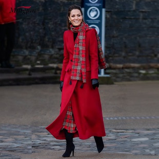红色羊绒呢长款毛呢外套女优雅知性翻领双排扣修身英伦老钱风大衣