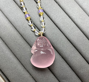 天然莫桑比克粉水晶如意布袋佛毛衣链 招财旺桃花 旺人缘水晶吊坠