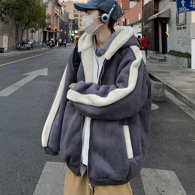 3冬季男羊羔毛外套大码连帽加厚麂皮绒棉衣XZ405-1-Y06,男装棉衣,星座405-1