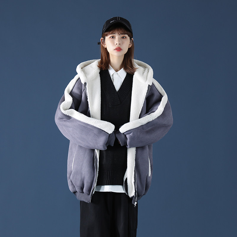 2中性风连帽加绒羊羔毛外套大码保暖棉服男XZ405-1-Y06,男装棉衣,星座405-1