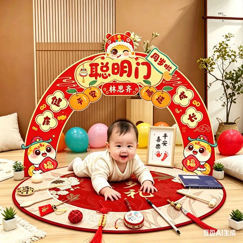 蛇宝宝聪明门一周岁礼生日布置场景装饰抓周宴用品道具氛围感仪式