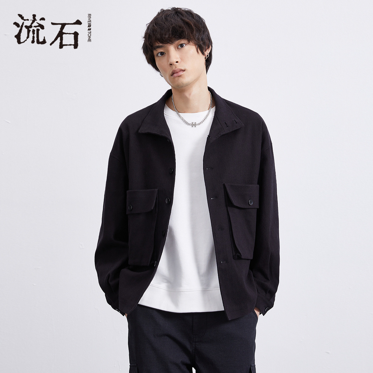 流石男装春装时尚立领宽松外套男士2026春季新款复古工装短款夹克