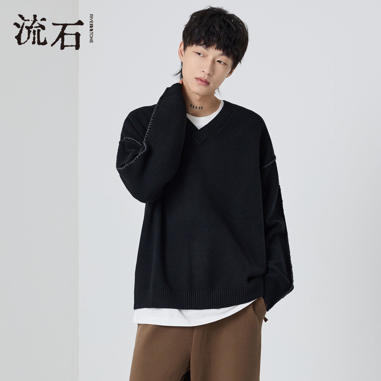 商场同款流石男装拼接套头针织衫