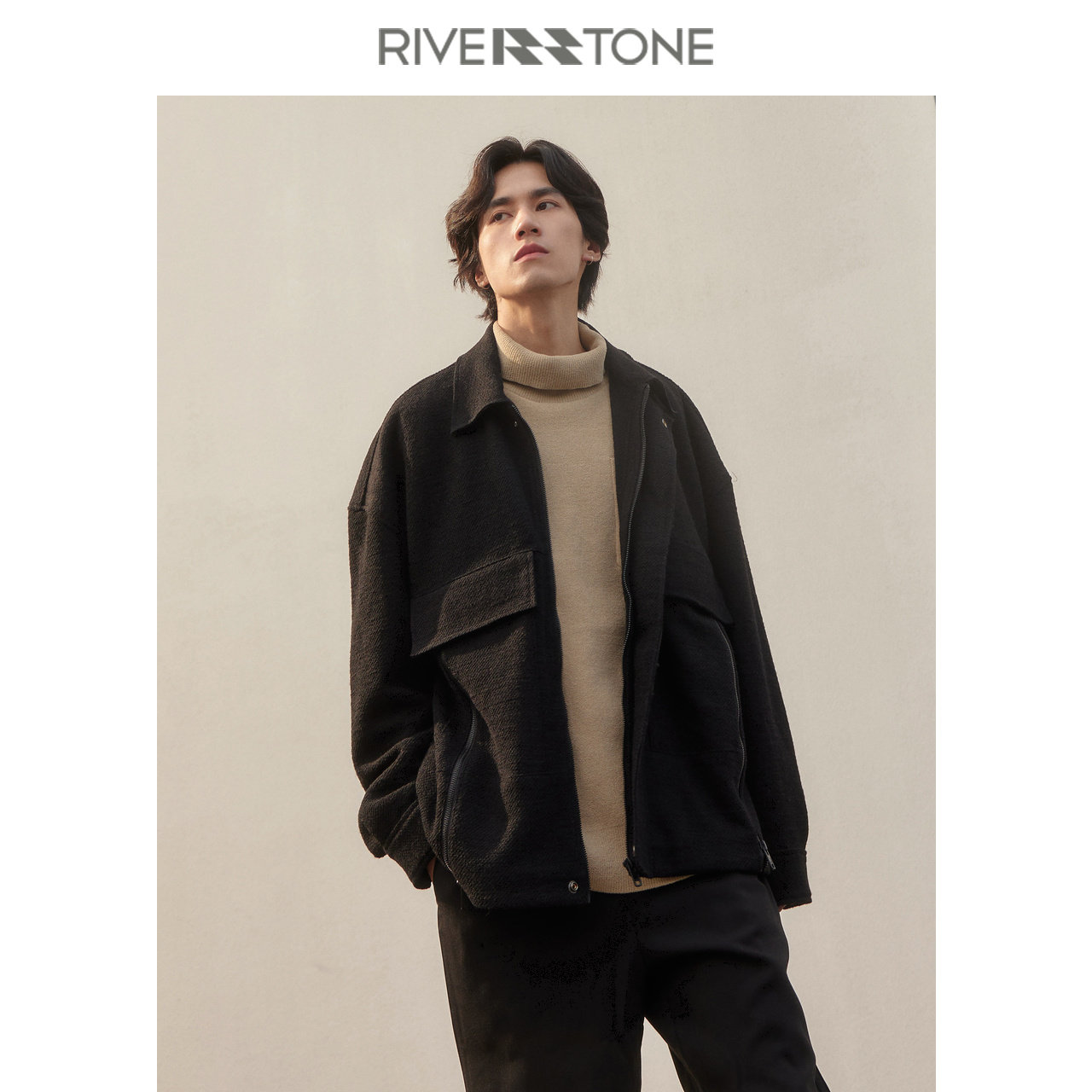 【商场同款】rs流石男装毛呢短款外套2024新款冬季男士设计感夹克