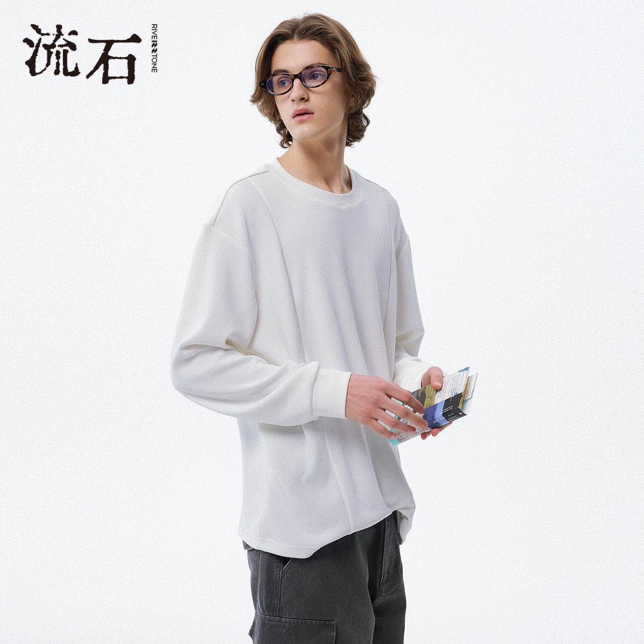 商场同款流石男装白色长袖T恤潮
