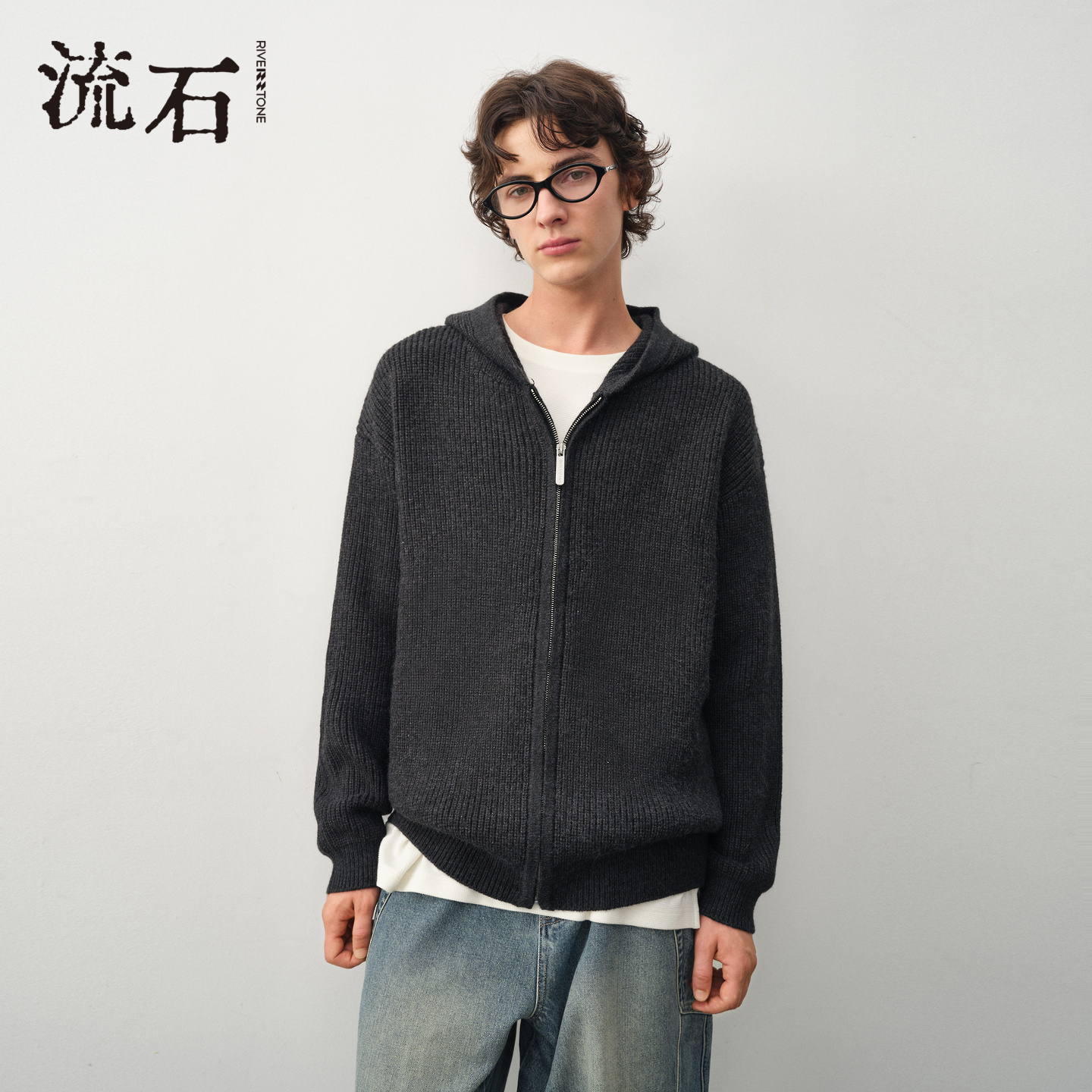 商场同款流石男装连帽针织开衫潮