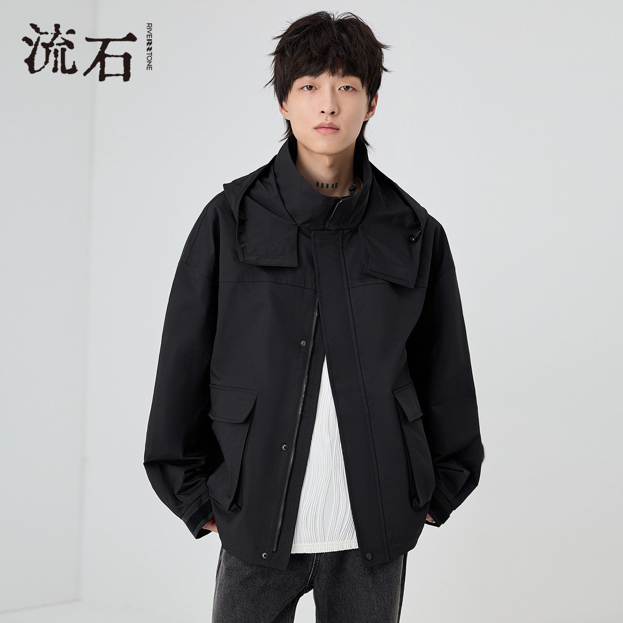 流石男装黑色设计时尚连帽夹克2026年秋季新款男士高级休闲外套潮,男装,夹克,淘宝优惠券,粉丝福利购,淘宝优惠卷