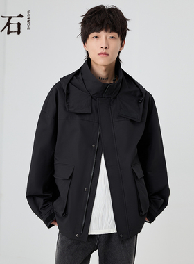 流石男装黑色设计时尚连帽夹克2026年秋季新款男士高级休闲外套潮