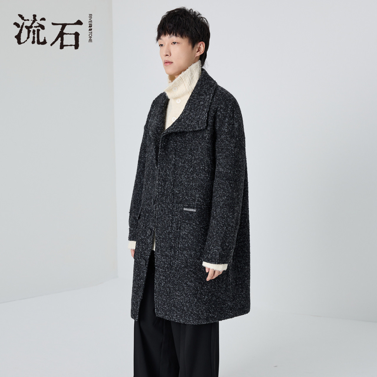 流石男装高端时尚长款羊毛呢大衣2025年冬季新款男士宽松保暖外套