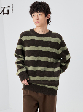 RS流石男装条纹仿貂毛针织衫2025新款冬季男士时尚宽松保暖毛衣潮
