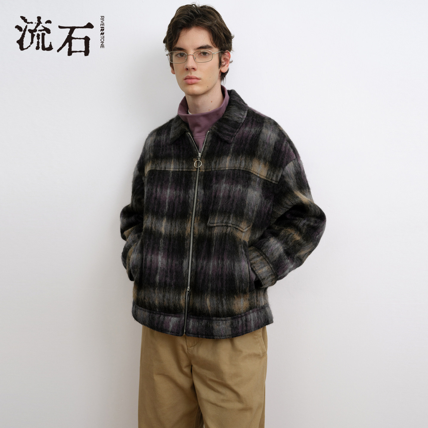 商场同款流石男装格子羊毛呢夹克