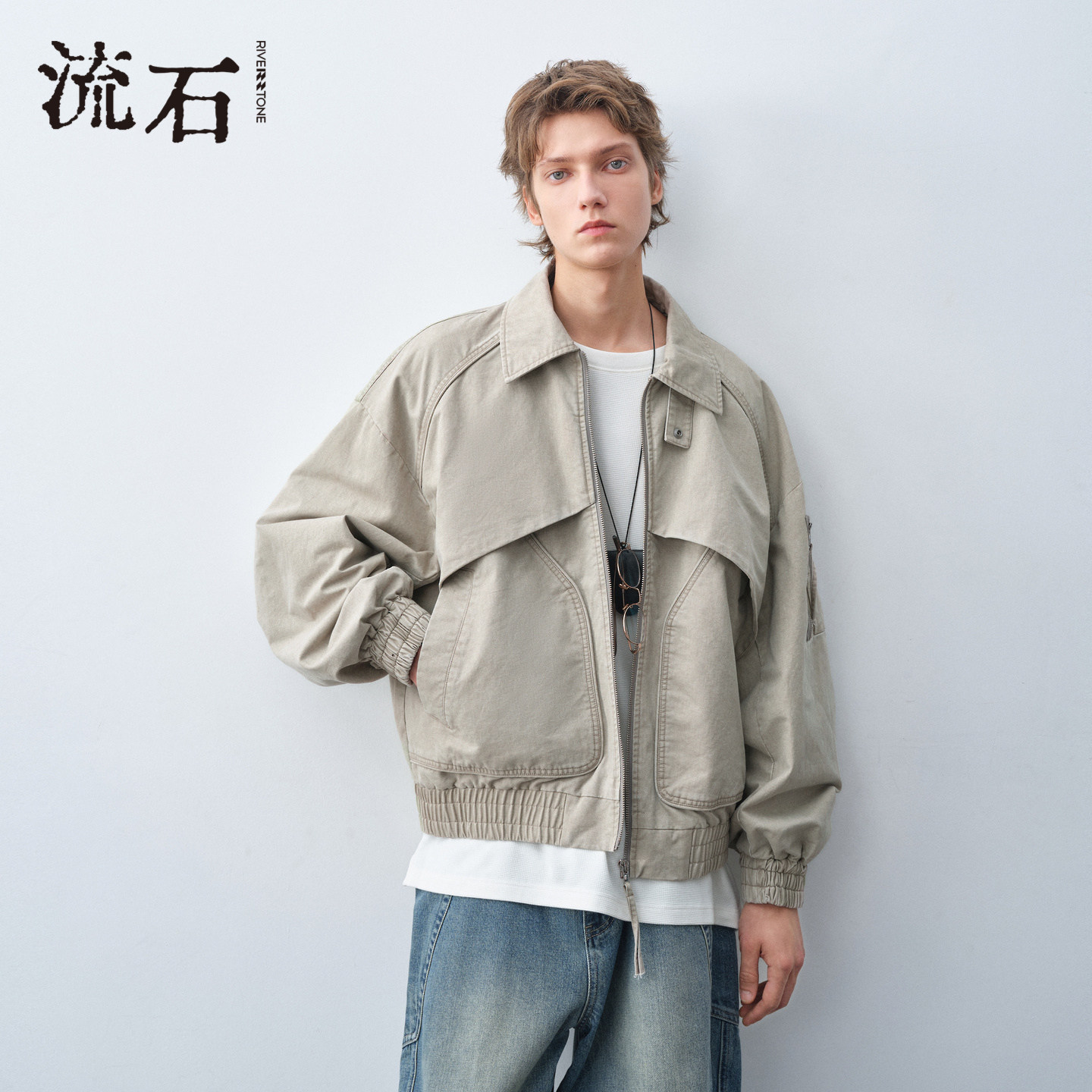 流石男装设计感工装风宽松夹克2026年秋季男款拼接多口袋休闲外套