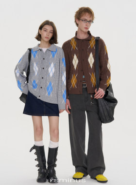 riverstone男女同款美式复古菱形格绞花毛衣外套春季新款针织开衫