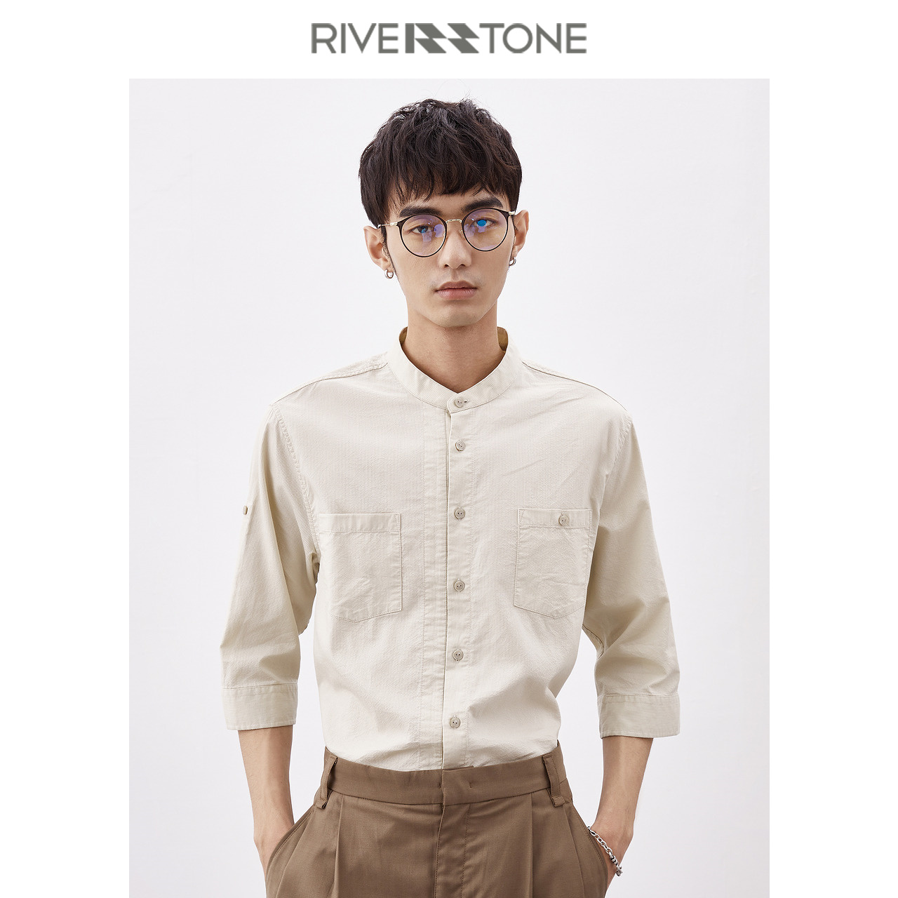 RS男装夏装立领半袖衬衫2023新款夏季男士透气时尚纯棉七分袖衬衣
