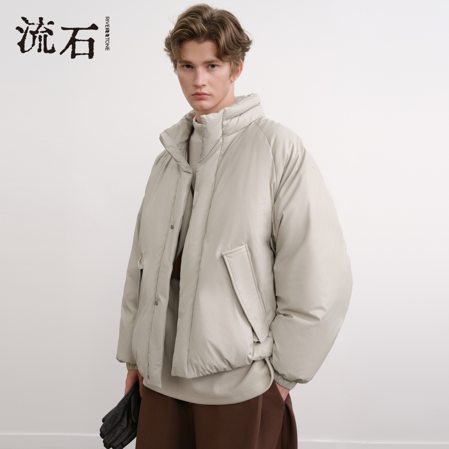 流石男装个性哑光PU皮短款羽绒服男2025年冬季新款立领白鸭绒外套