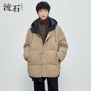 流石男装时尚厚款连帽羽绒服2024年冬季新款宽松灯芯绒保暖外套男