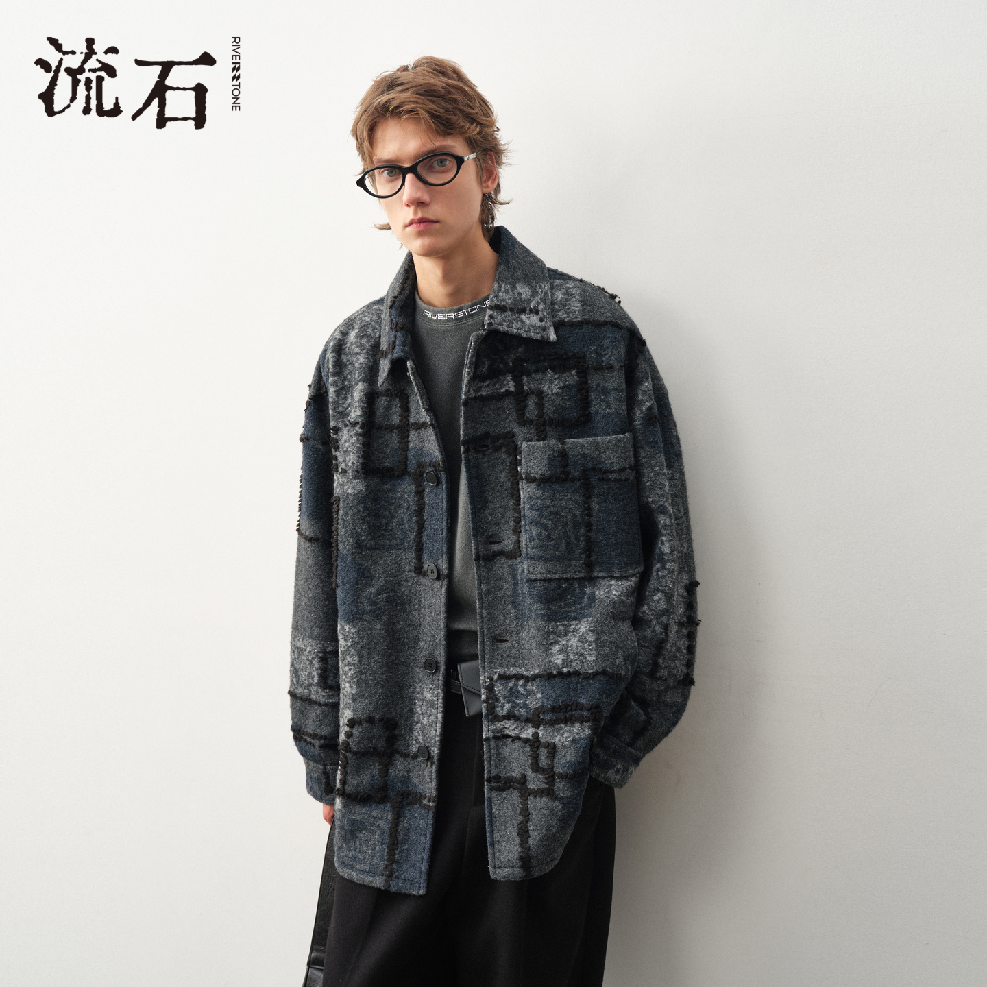 商场同款流石男装格纹羊毛呢外套