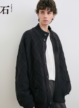 流石男装时尚菱格毛衣羽绒服2025年冬季男生保暖提花针织开衫外套