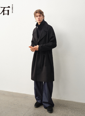 流石男装羊毛呢经典长款大衣2025年冬季新款男士阔版黑色宽松外套